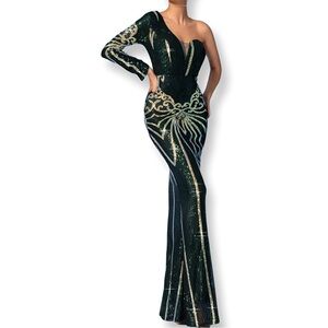 One-Shoulder Long Sleeve Green Dress.